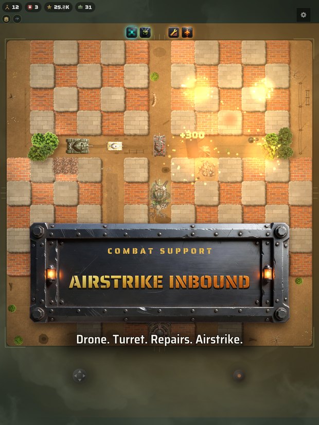 An airstrike detonating across a brick battlefield